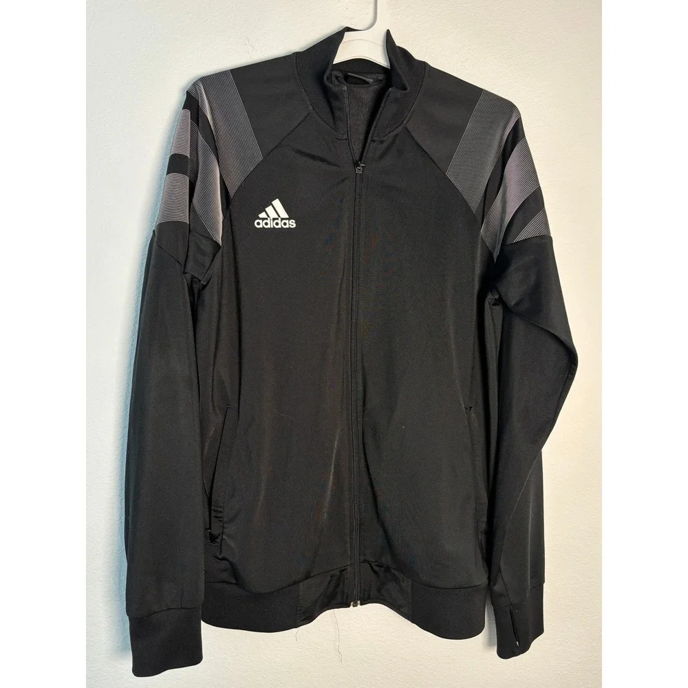 Adidas Mens Full Zip Track Jacket Black Grey Striped Soccer Training Large